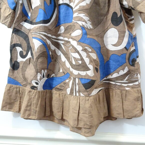 Terzo Millennio 100% Linen Graphic Print Top Size S Brown Blue Boxy Lagenlook - Picture 3 of 7